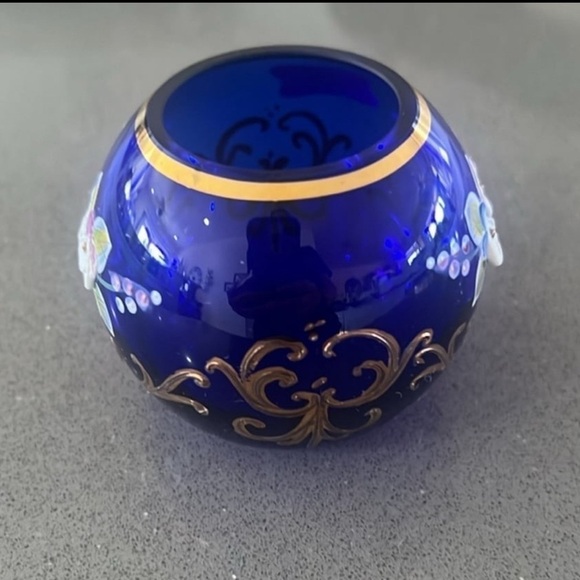 Egermann Bohemian Crystal Bowl In Cobalt Blue Gold And Gilt Applied Flowers - Picture 3 of 9